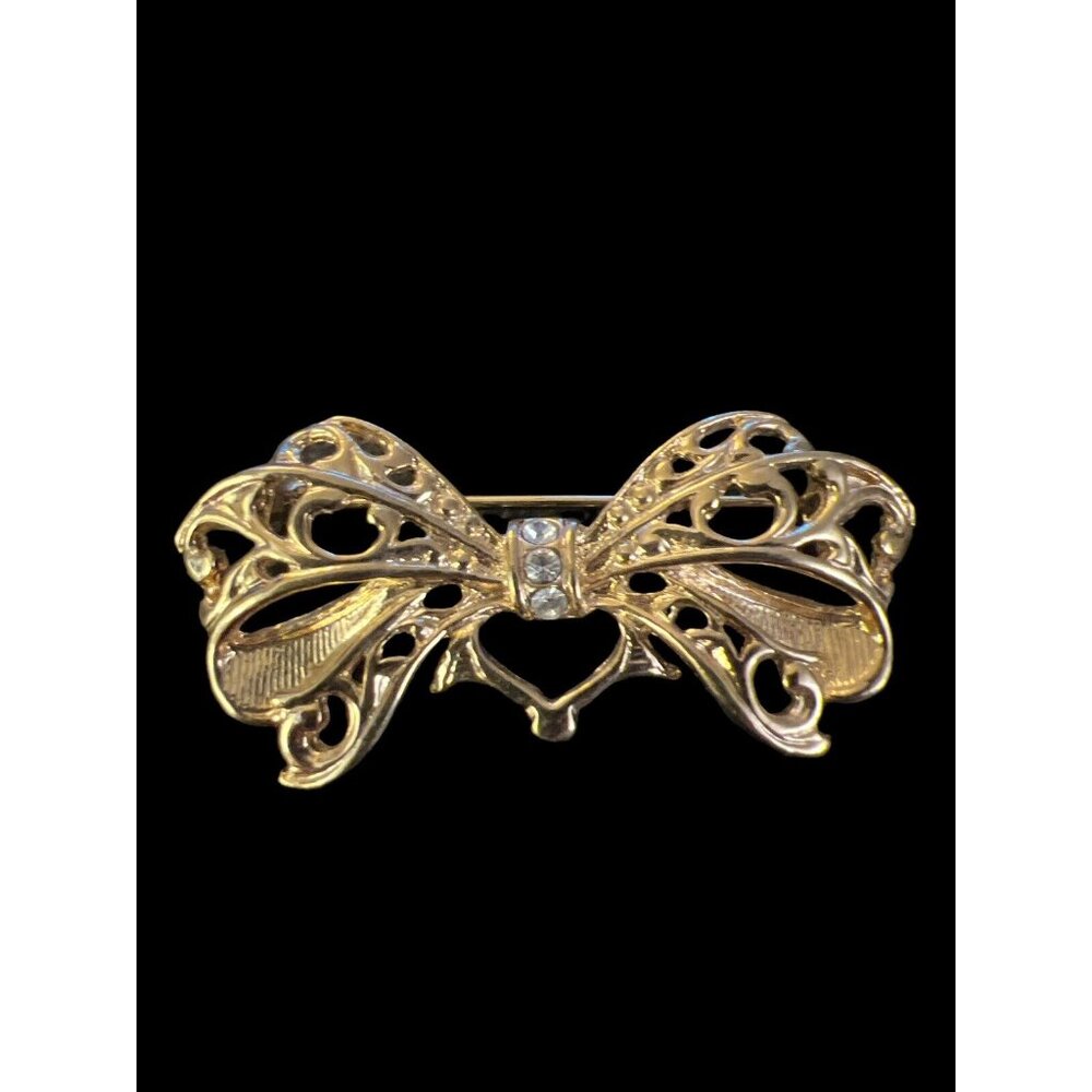 Very Ornate Gold Bow Brooch Pin with Faux Diamond Center